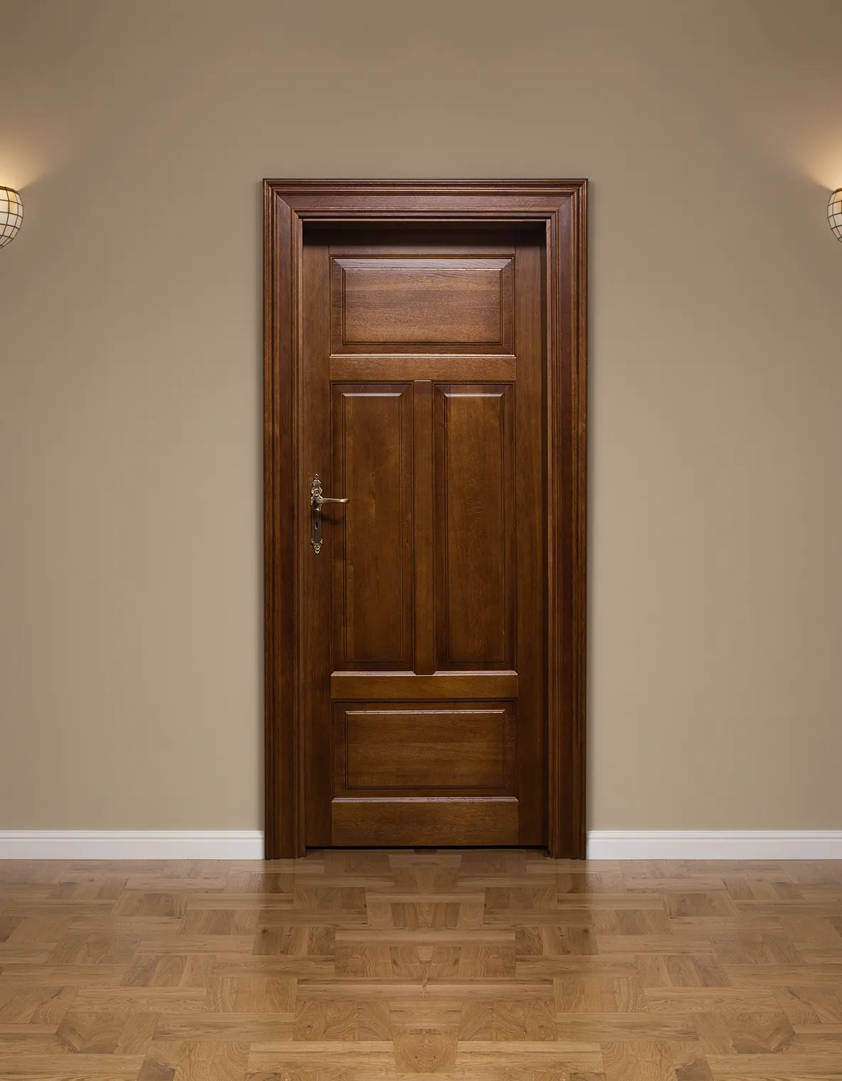 Wooden door with brass handle, illuminated wall.