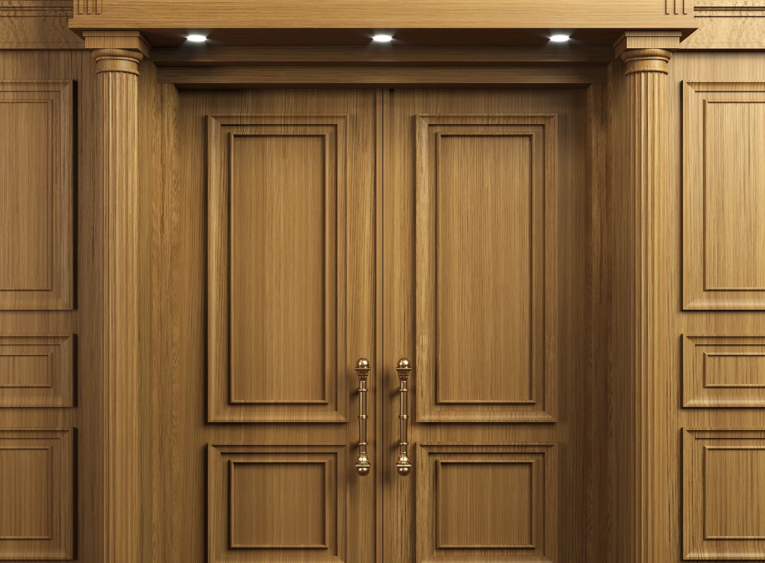 Elegant wooden double doors with columns.