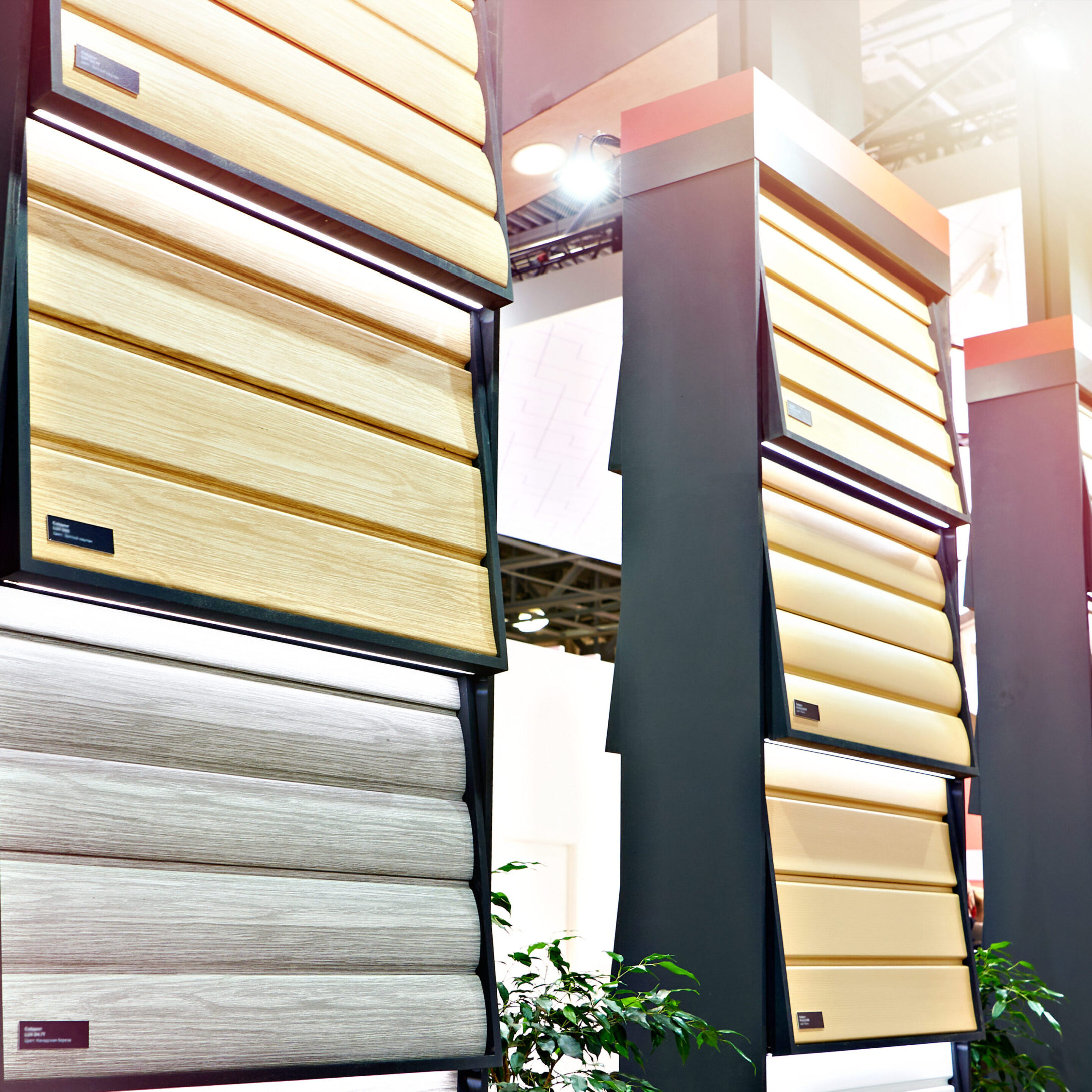 Display of various window blinds in different colors and materials.
